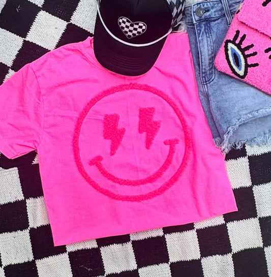 Lightning Bolt Smiley Fuzzy Patch